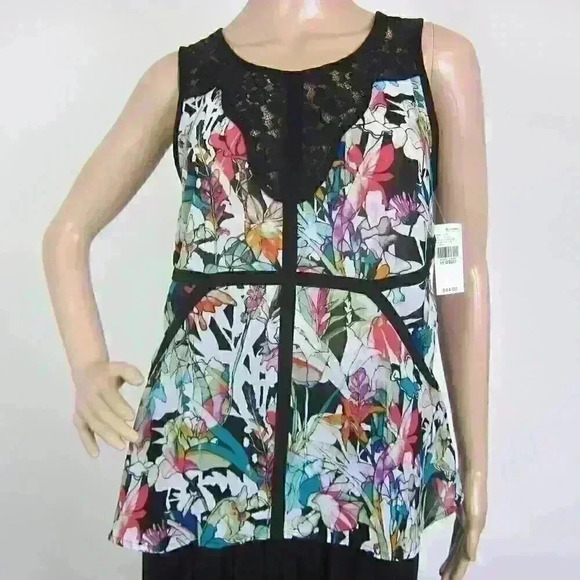 Tops - Sleeveless Top Medium Blouse Black Lace Neck & Multicolor Floral Print Flowy NEW
